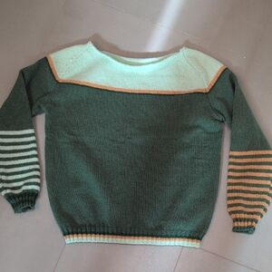 Green and Cream Striped Women's Sweater